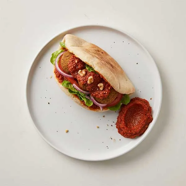 Handmade Falafel Pita with Smoky Walnut & Roasted Pepper Muhammara